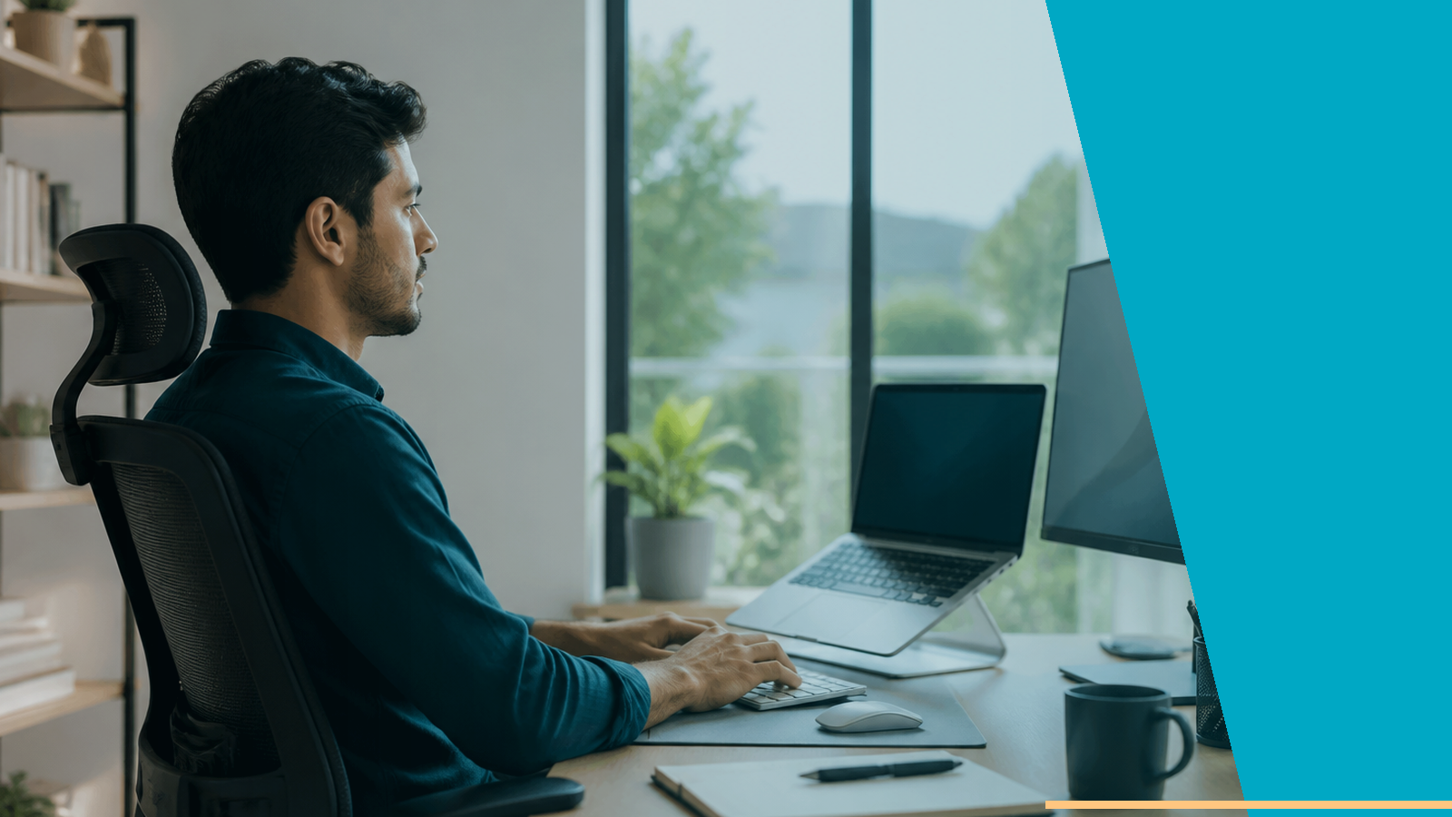 Persona trabajando en home office con condiciones de seguridad y ergonomía