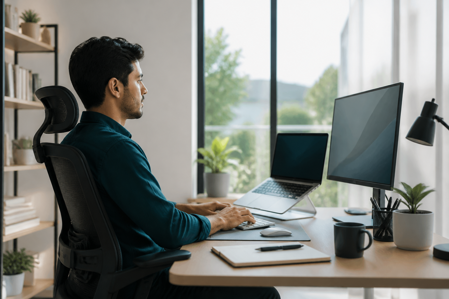 Persona trabajando en home office con estación ergonómica